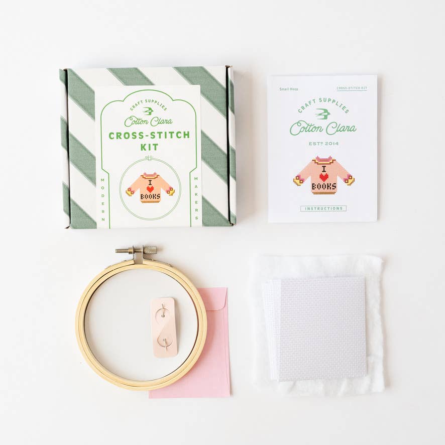I Love Books Cross Stitch Kit for Beginners by Cotton Clara