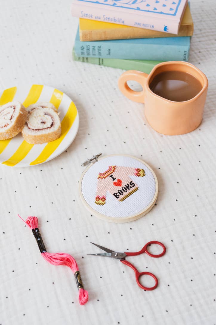 I Love Books Cross Stitch Kit for Beginners by Cotton Clara