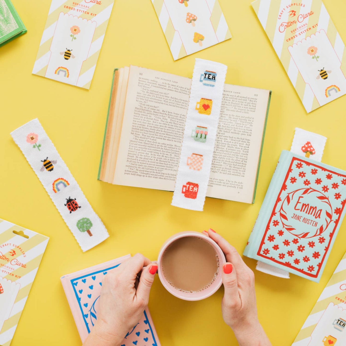 Tea/Mugs Beginner Cross Stitch Bookmark Kit by Cotton Clara