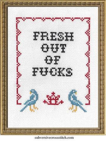 'Fresh Out of F*cks' Cross Stitch Kit by Subversive Cross Stitch
