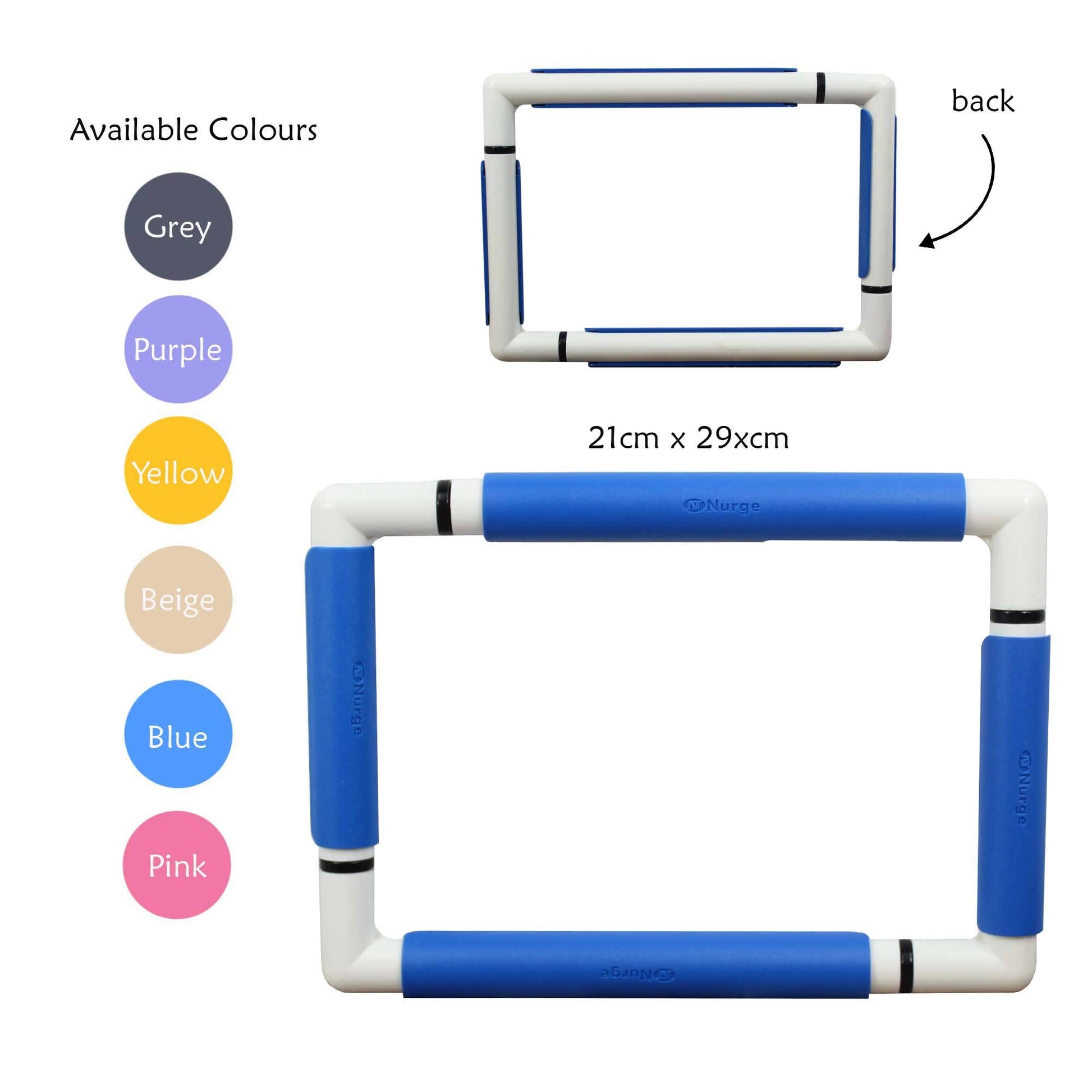Rectangular frame with blue accents in various colors, size 21cm x 29cm, on a white background.