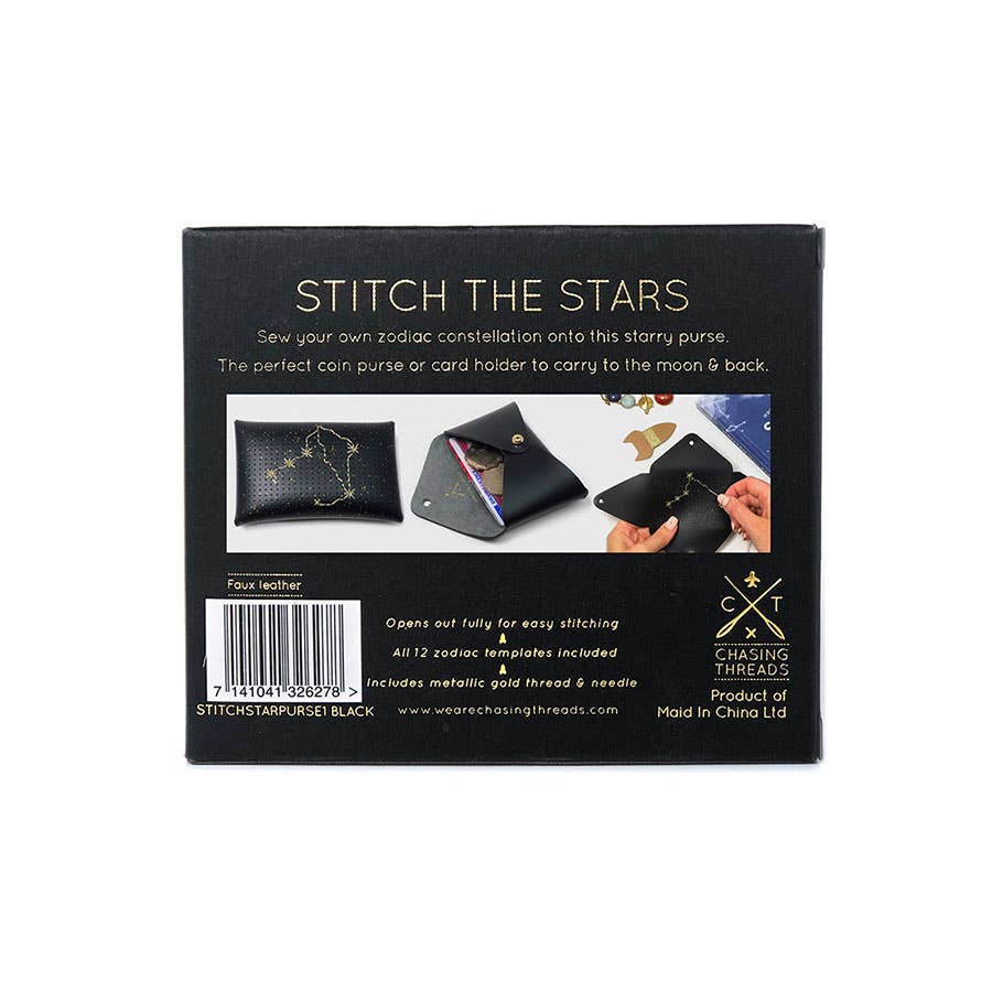 The back of a black product box for 'Stitch the Stars' by Cracking Threads, showing product descriptions, a barcode, and small example photos of the starry coin purse in use.
