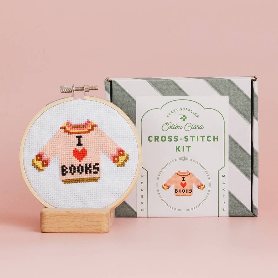 I Love Books Cross Stitch Kit for Beginners by Cotton Clara