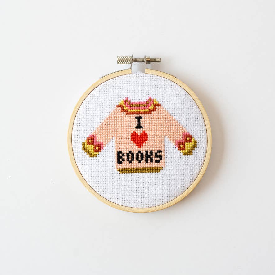 I Love Books Cross Stitch Kit for Beginners by Cotton Clara